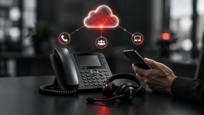 Teléfono IP de escritorio, auriculares y celular frente a una nube roja luminosa con íconos de llamada y usuarios