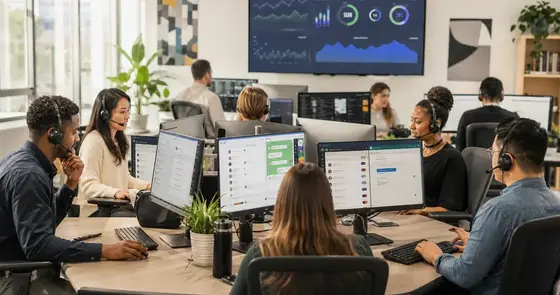 Equipo de agentes con audífonos atendiendo clientes en una sala de contact center, con un panel de métricas al fondo