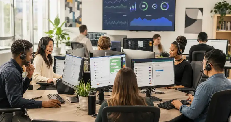 Equipo de agentes con audífonos atendiendo clientes en una sala de contact center, con un panel de métricas al fondo